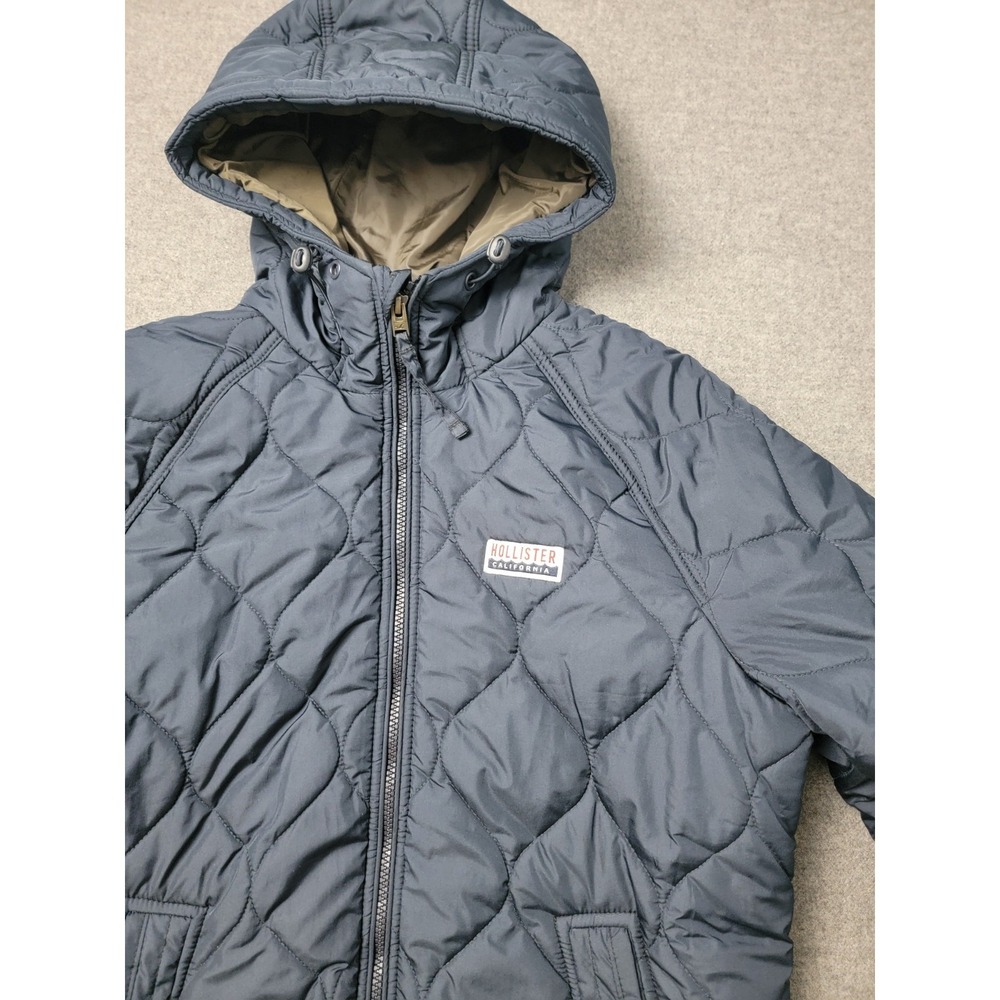 Hollister Diamond Quilted Puffer Jacket Mens Medium Navy Lined Hooded Full Zip